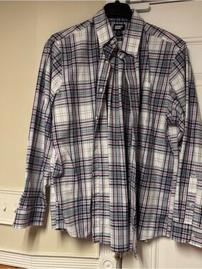 Lands' End Men’s White, Pink & Gray Plaid Button-Down Shirt